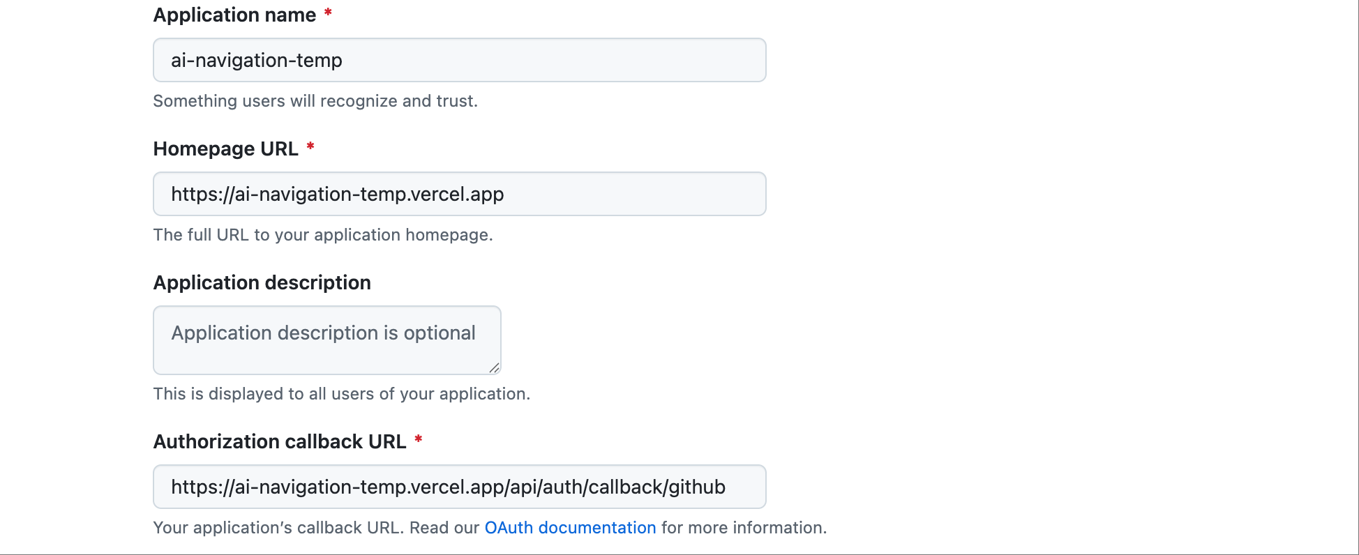 GitHub OAuth App信息填写页面