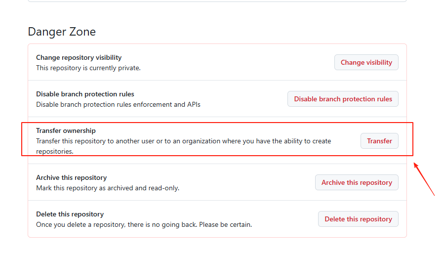 Github仓库Settings页面，显示Danger Zone中的Transfer repository选项